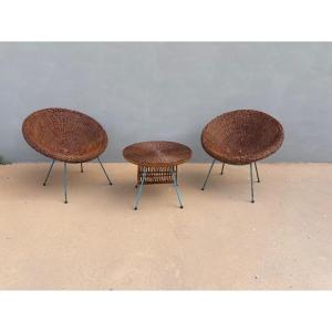 Vintage Rattan Patio Set—2 Shell Chairs And A Coffee Table—1960s/70s