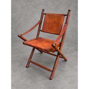 Wood And Leather Safari Armchair – Colonial Style, 1940s/50s