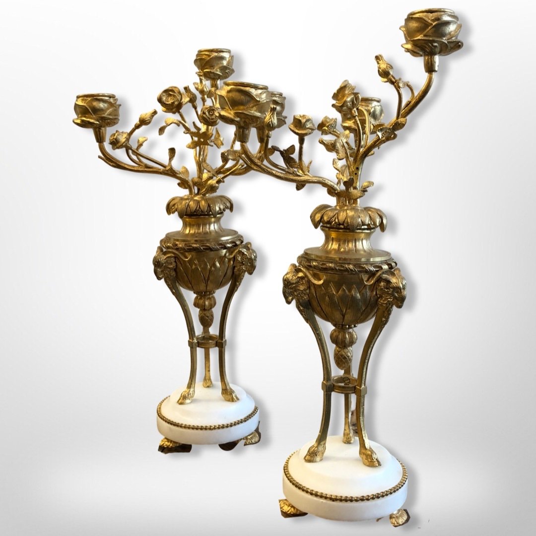 Pair Of Girandole In Gilt Bronze And White Marble