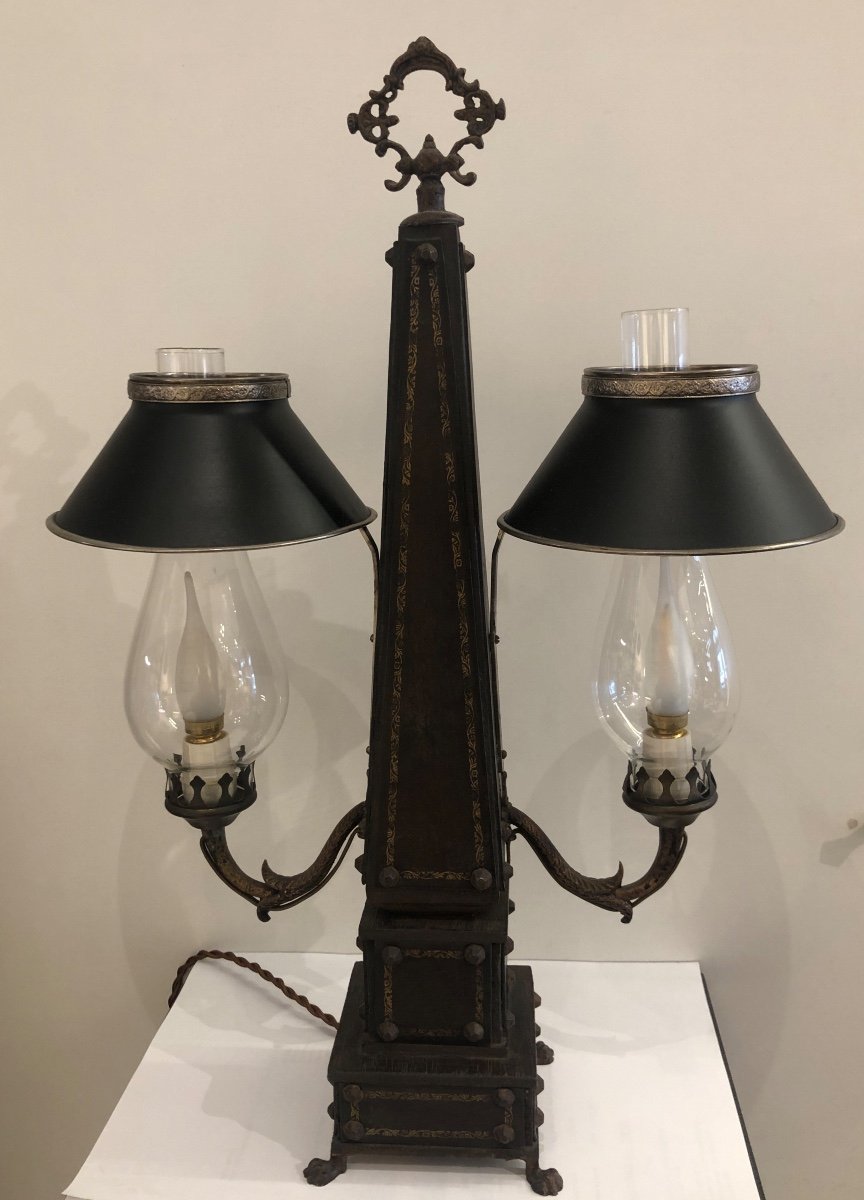 Lampe En Tôle, Bois Et Cuir 