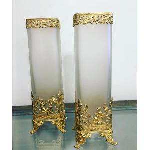 Paire De Vases En Verre Et Bronze Doré 