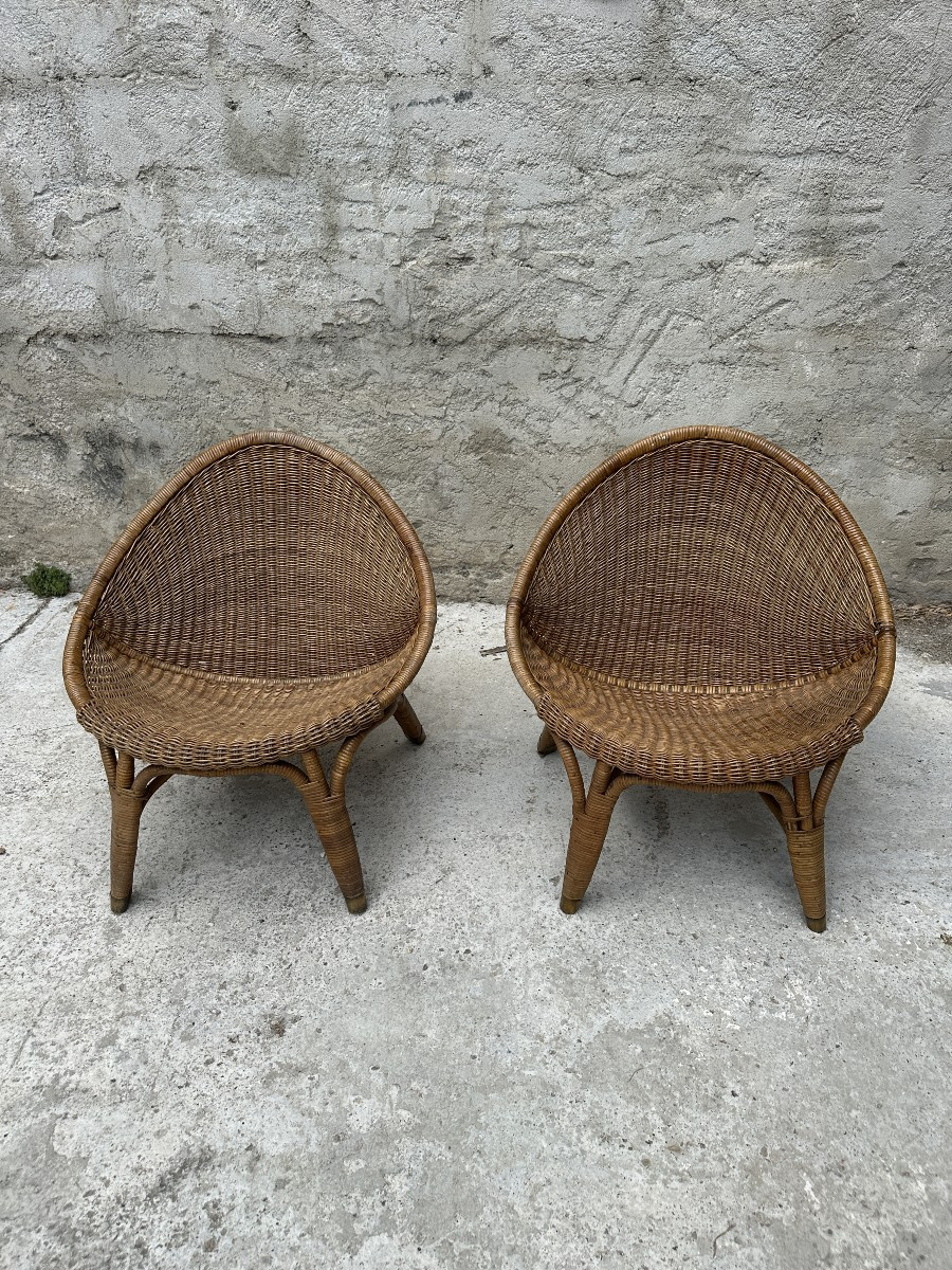 Paire de fauteuils  en rotin variante du modele RANA de Nana DITZEL