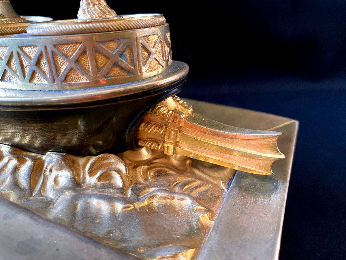 Empire Period Inkwell In Gilt Bronze-photo-3