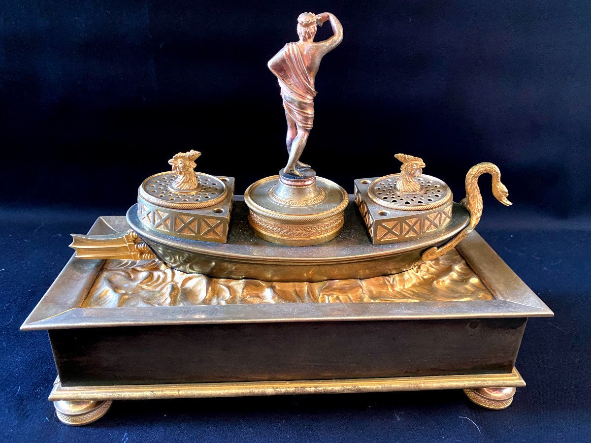 Empire Period Inkwell In Gilt Bronze-photo-6