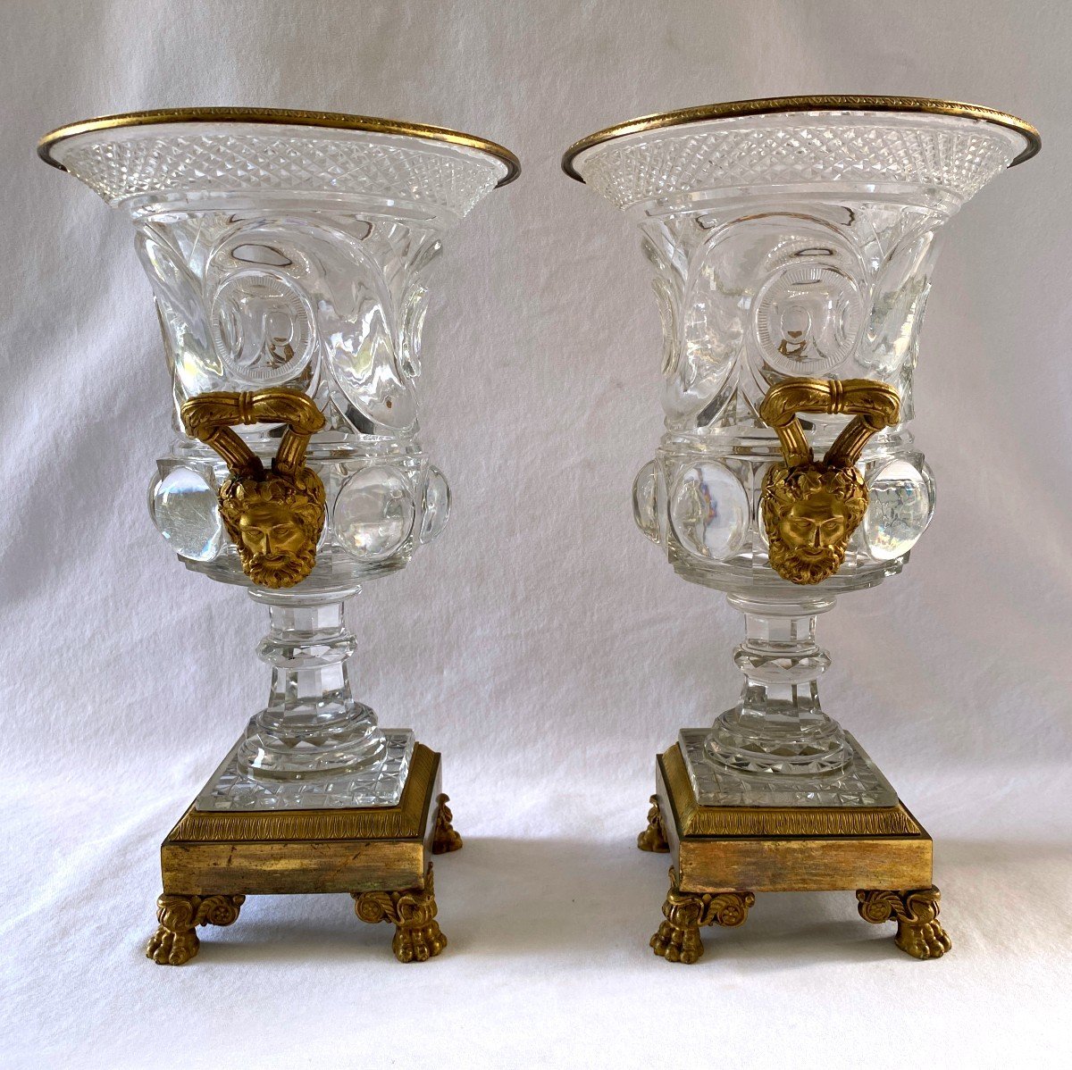 Paire De Vases Empire En Cristal Taillé Et Bronze Doré-photo-3