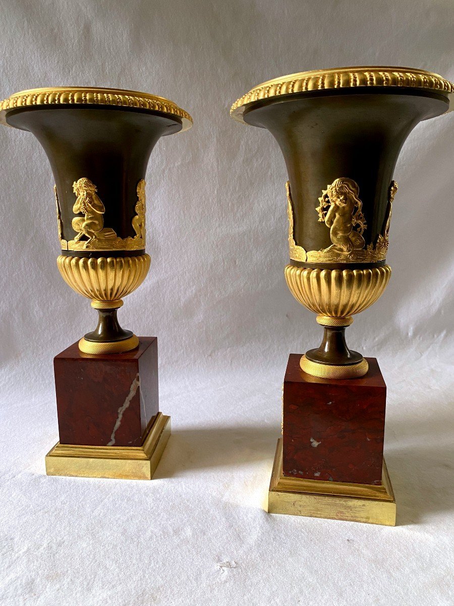 Empire Cassolettes In Gilt Bronze And Marble-photo-4