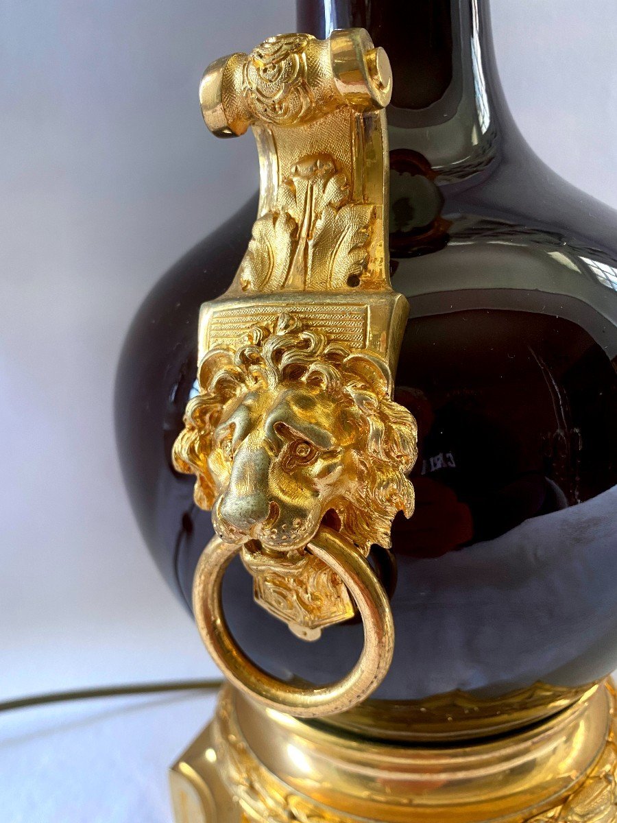 Paire De Lampes En Céramique Sang De Boeuf Et Bronze Doré-photo-2