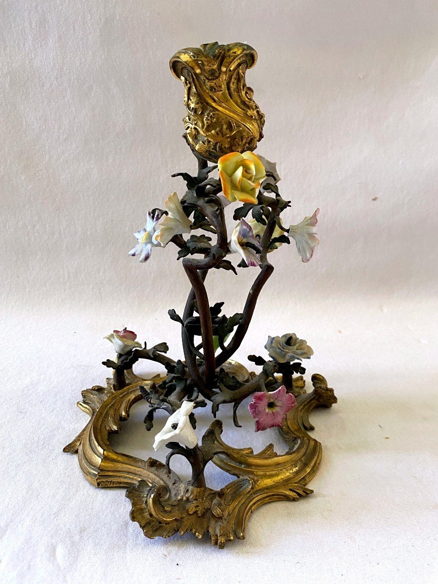 Imposant Flambeau Louis XV En Bronze Et Porcelaine-photo-2