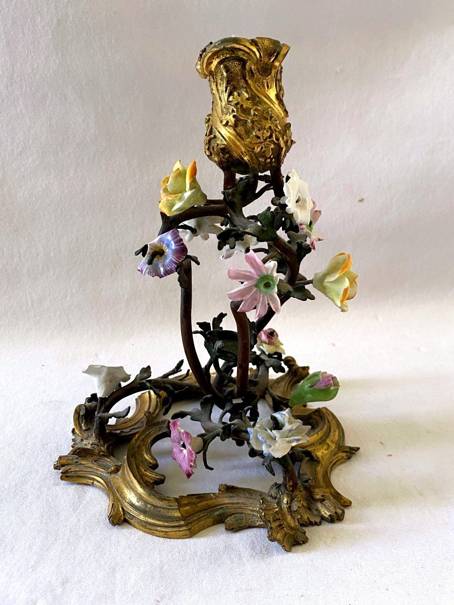 Imposant Flambeau Louis XV En Bronze Et Porcelaine-photo-4
