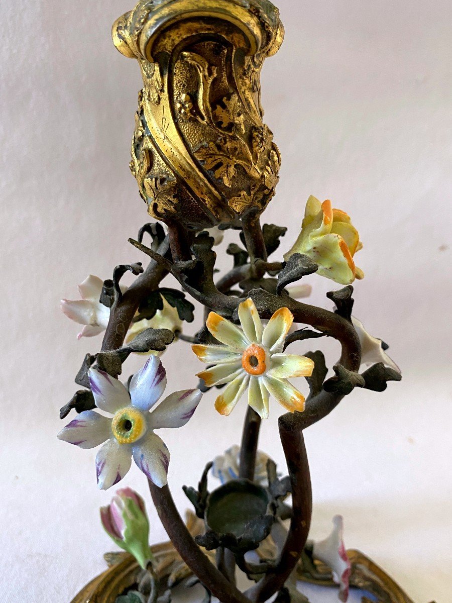 Imposant Flambeau Louis XV En Bronze Et Porcelaine-photo-5