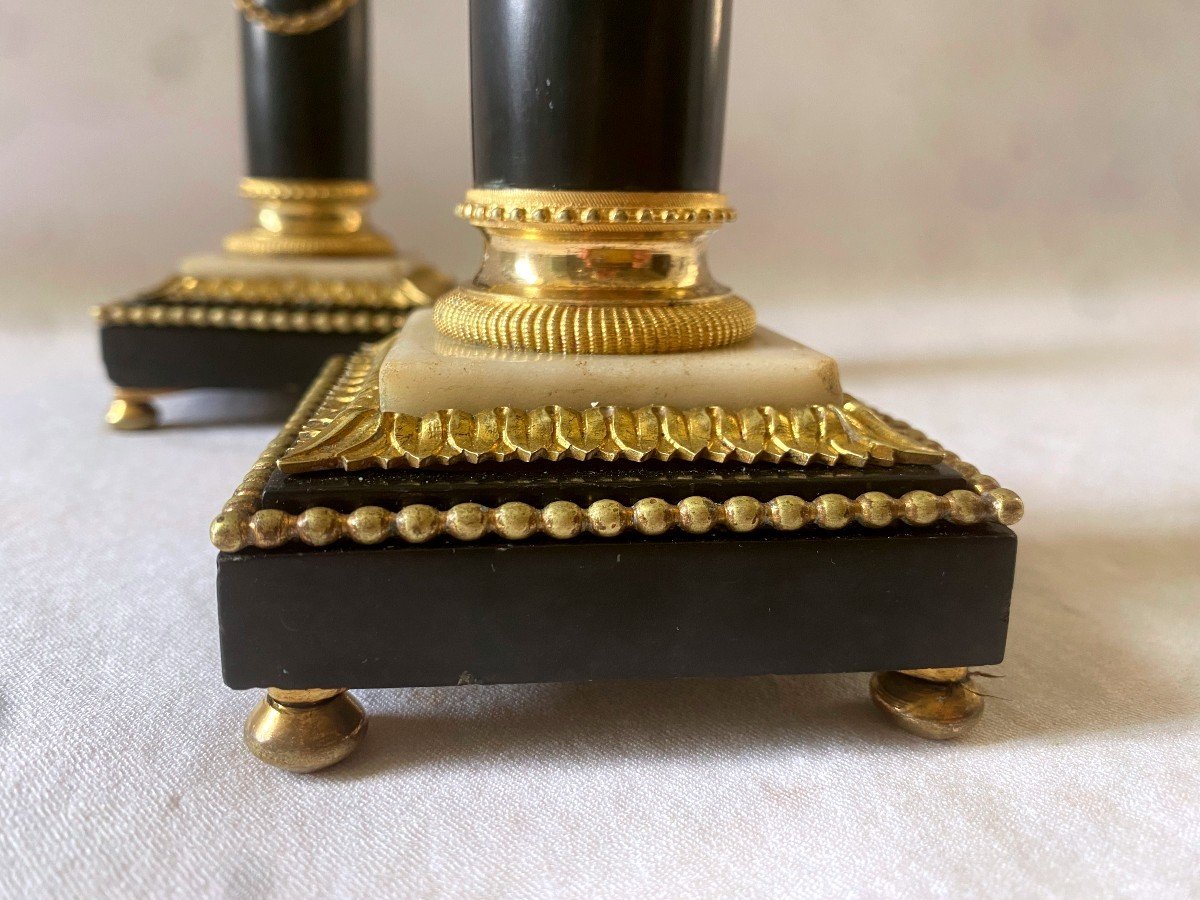 Pair Of Louis XVI Candlesticks In Marble And Gilt Bronze-photo-1