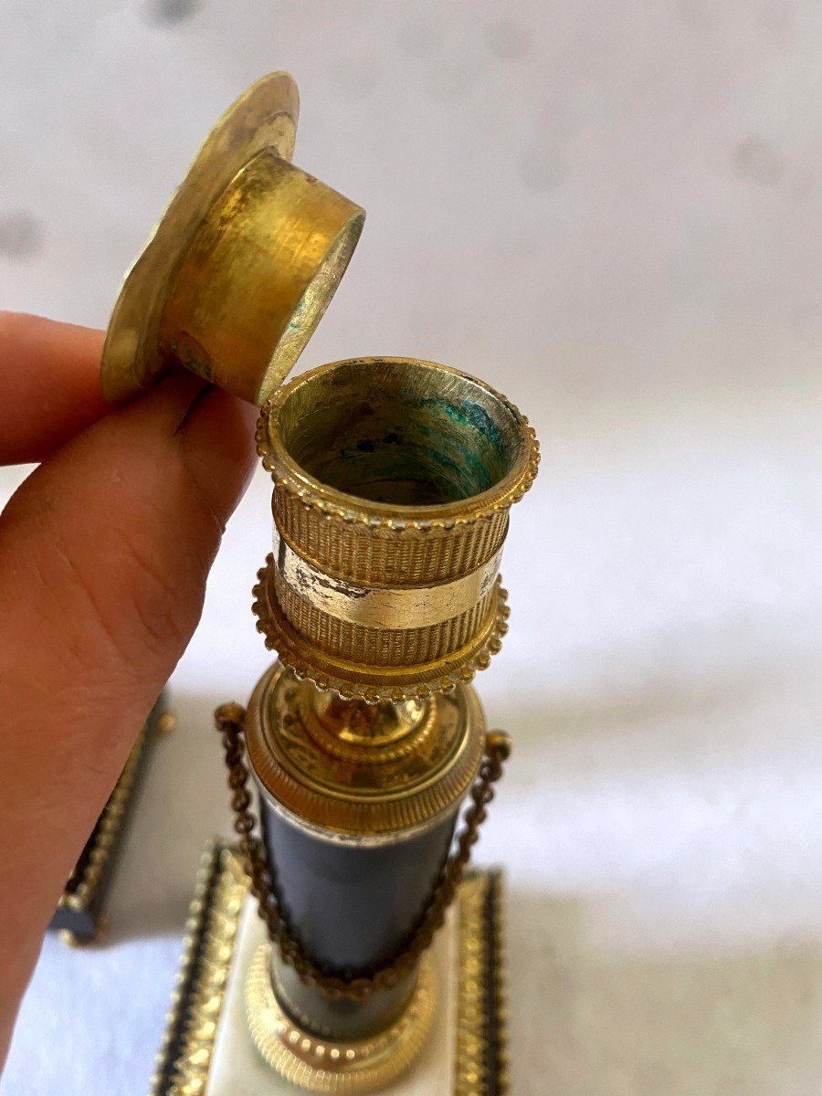Pair Of Louis XVI Candlesticks In Marble And Gilt Bronze-photo-4