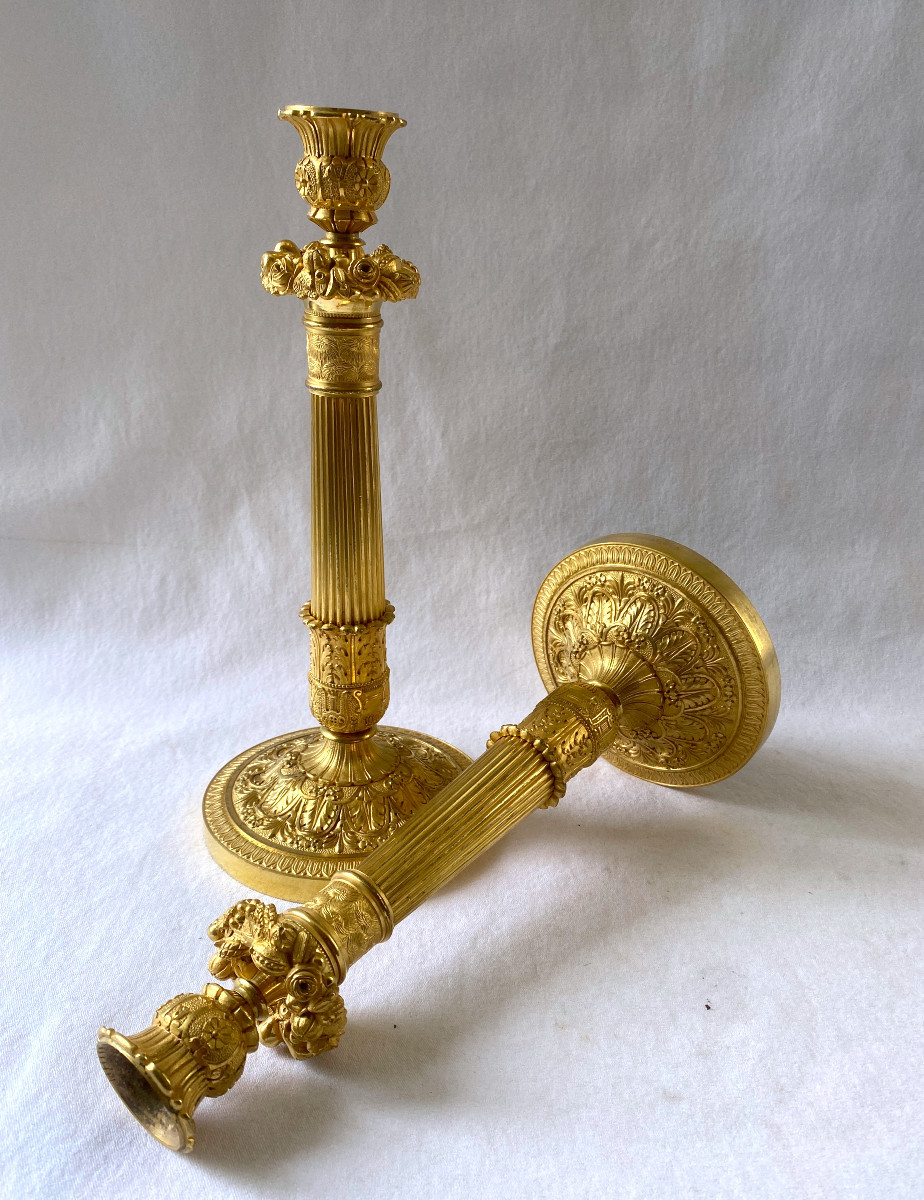 Paire De Bougeoirs Charles X En Bronze Doré-photo-3