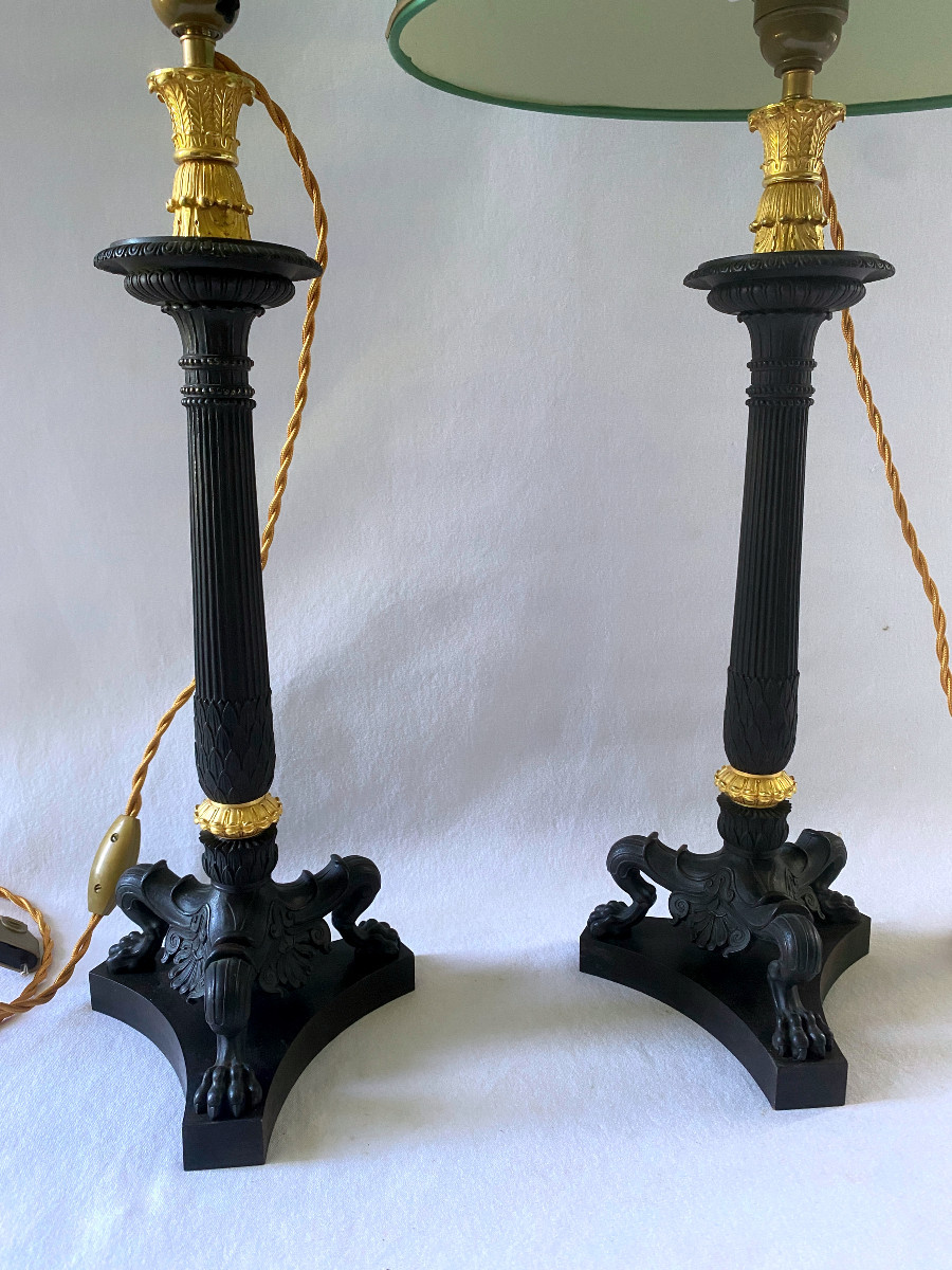 Paire de pieds de lampes en bronze doré et patiné-photo-2