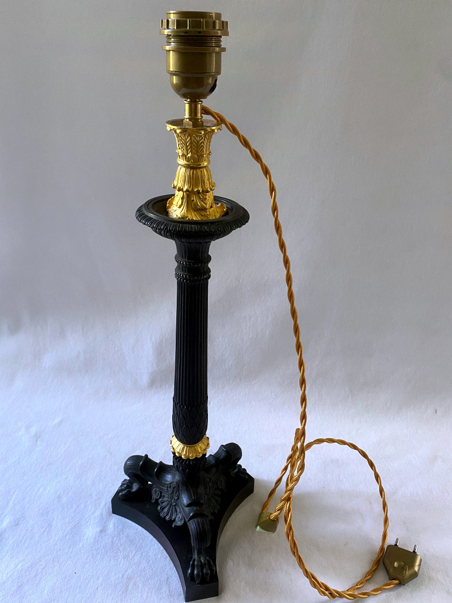 Paire de pieds de lampes en bronze doré et patiné-photo-4