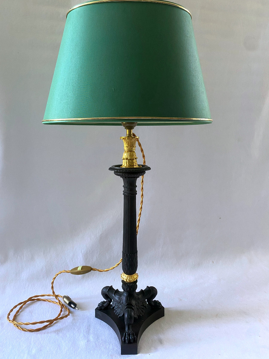 Paire de pieds de lampes en bronze doré et patiné-photo-7