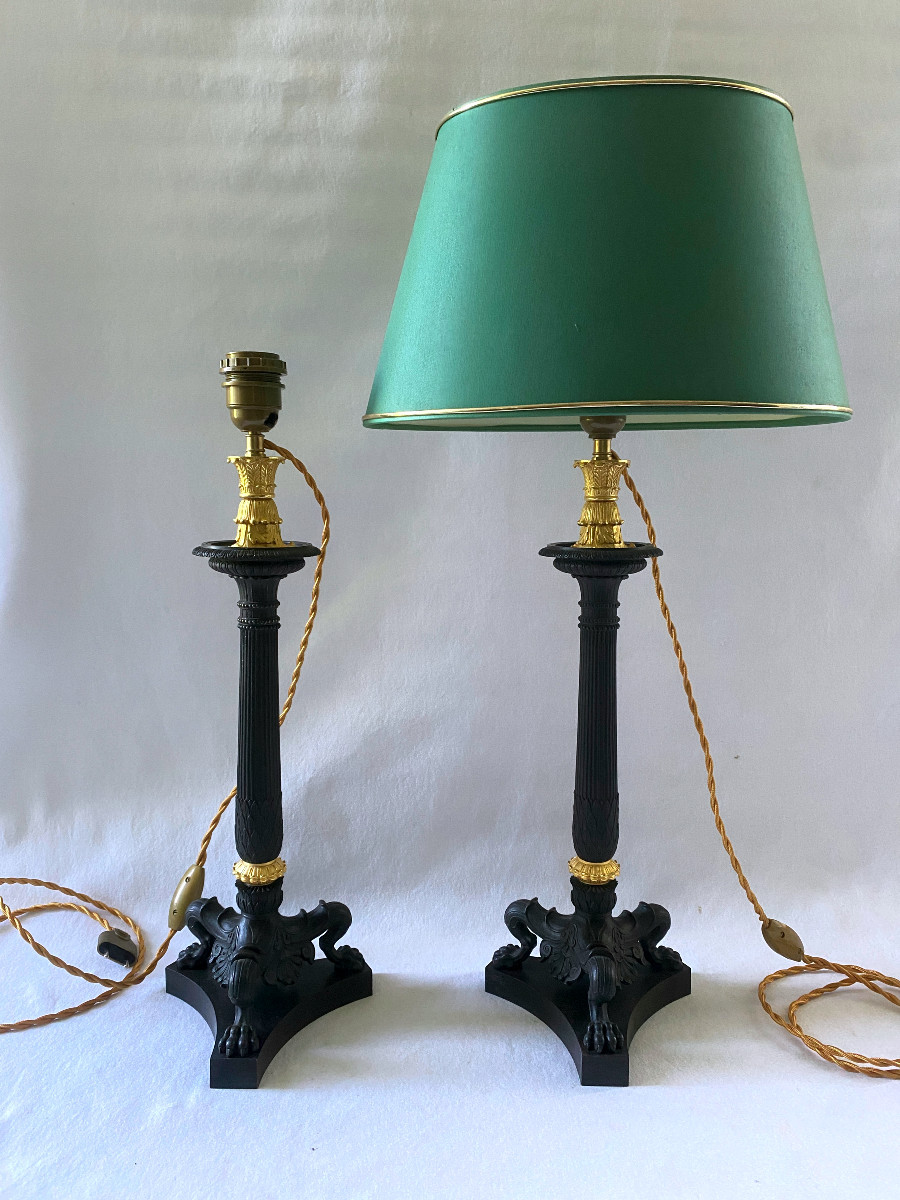Paire de pieds de lampes en bronze doré et patiné