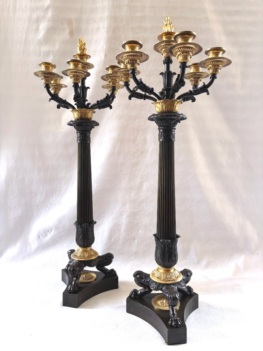 Paire de grands candélabres Empire en bronze doré et patiné-photo-2