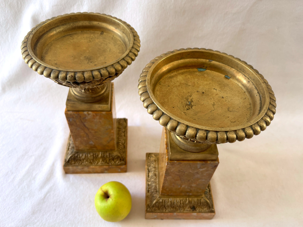 Paire de grandes coupes tazza en bronze et marbre-photo-4