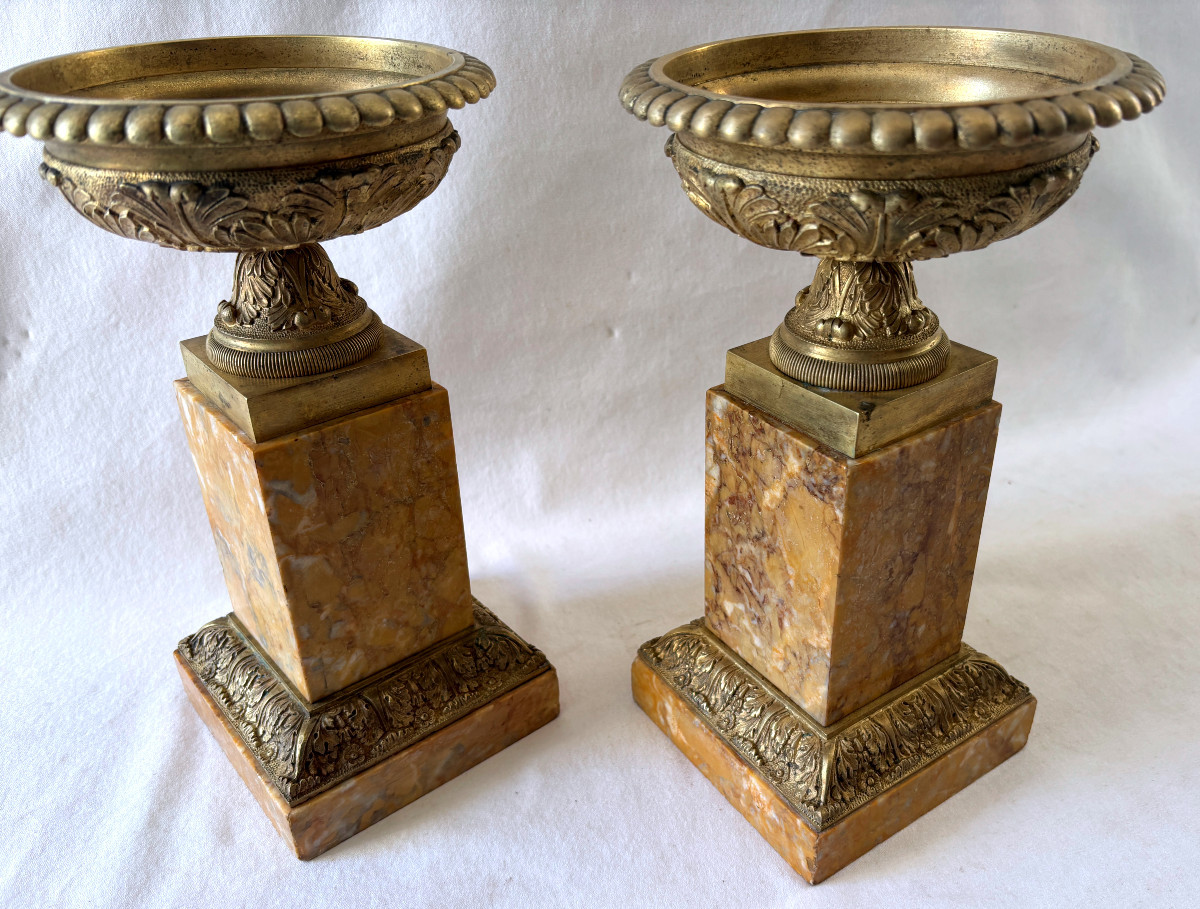 Paire de grandes coupes tazza en bronze et marbre-photo-5