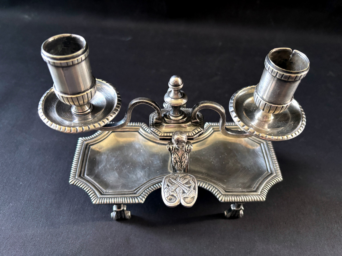 Bougeoir à main époque régence en bronze argenté-photo-2