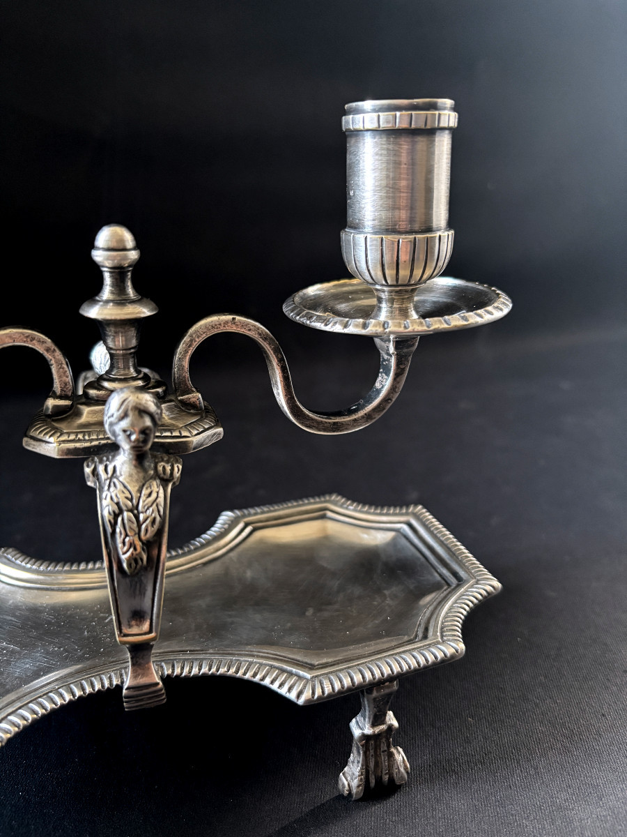 Bougeoir à main époque régence en bronze argenté-photo-3