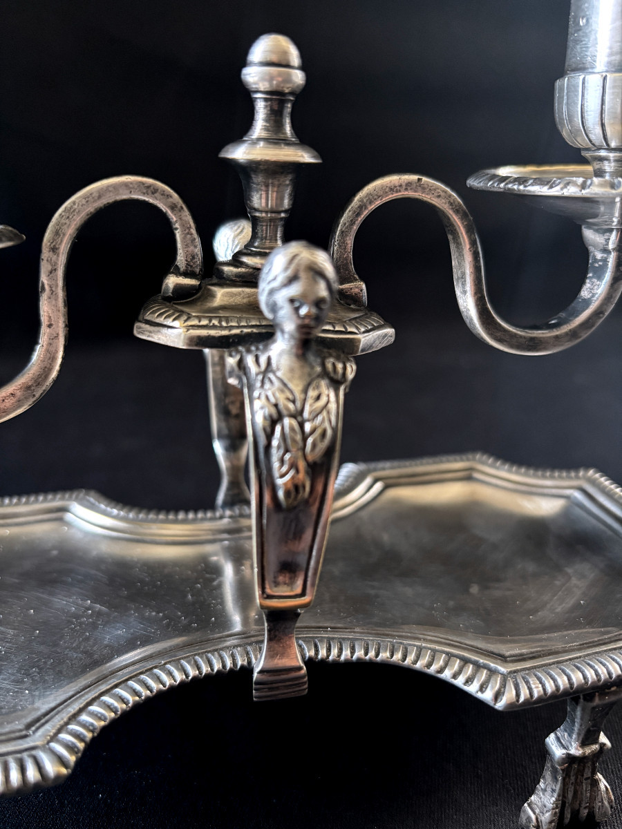 Bougeoir à main époque régence en bronze argenté-photo-4