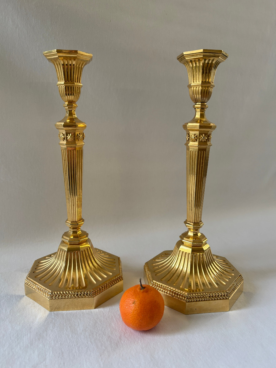 Pair Of Directoire Style Candlesticks In Gilt Bronze-photo-2