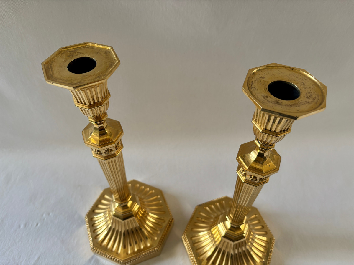 Pair Of Directoire Style Candlesticks In Gilt Bronze-photo-4