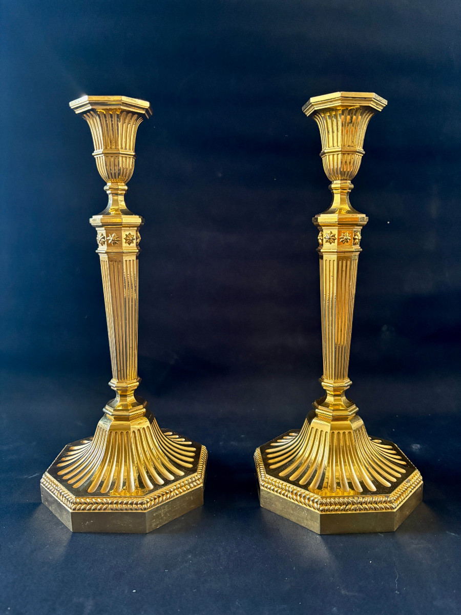 Pair Of Directoire Style Candlesticks In Gilt Bronze-photo-6