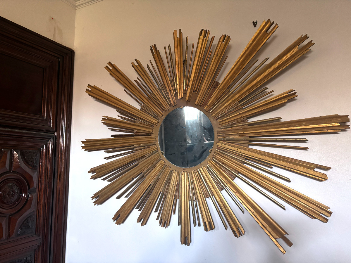 Large Sunburst Mirror In Gilded Wood-photo-3
