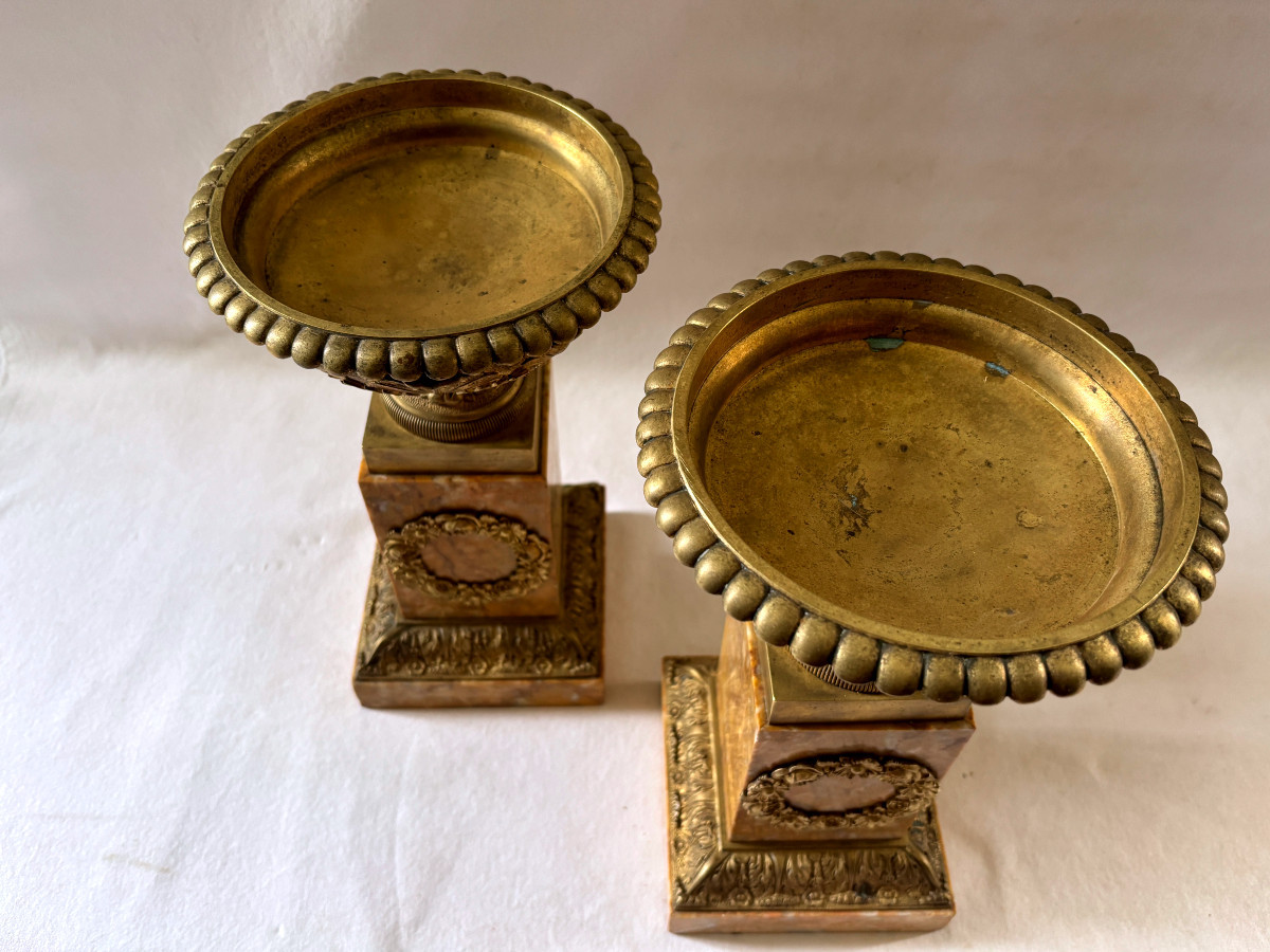 Paire de Grandes Cassolettes en Bronze et Marbre de Sienne-photo-5