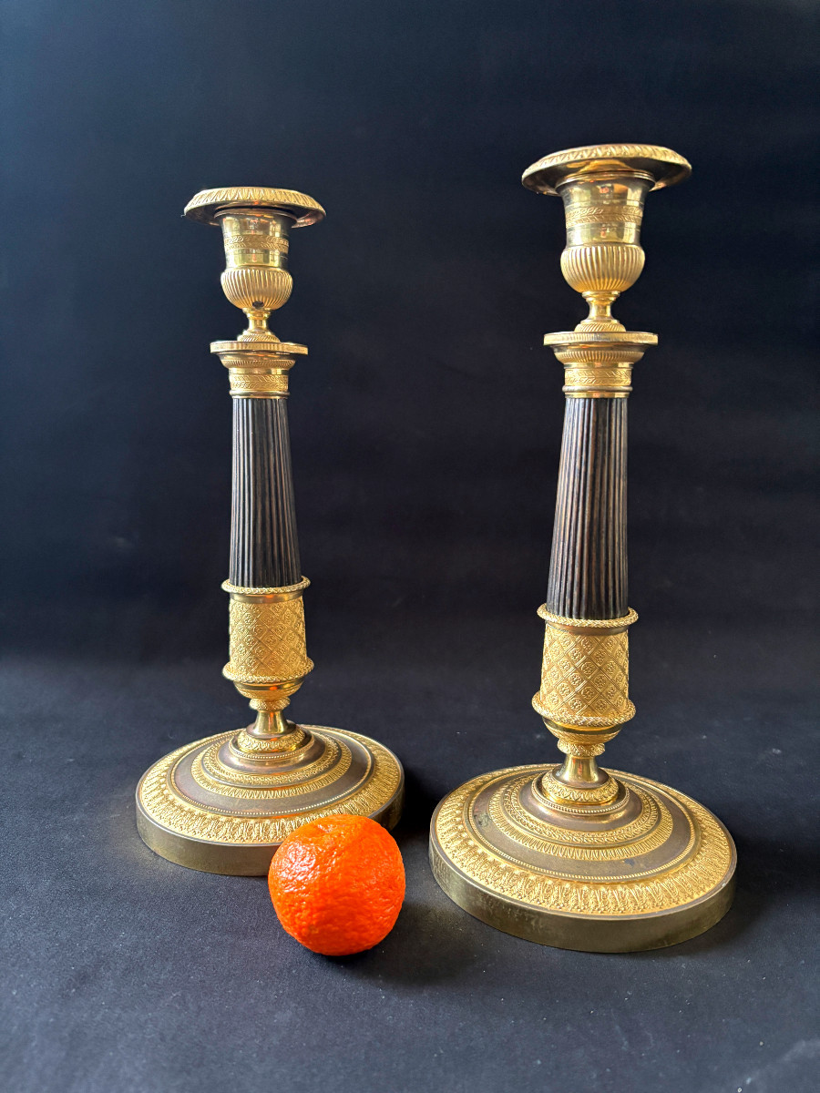 Pair Of Empire-style Candlesticks Signed Mene In Gilt Bronze-photo-2