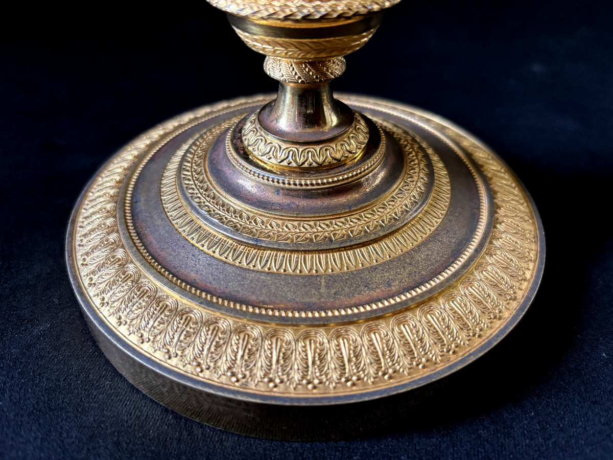 Pair Of Empire-style Candlesticks Signed Mene In Gilt Bronze-photo-3