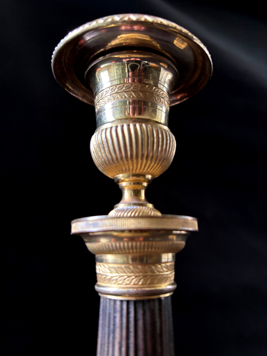 Pair Of Empire-style Candlesticks Signed Mene In Gilt Bronze-photo-1