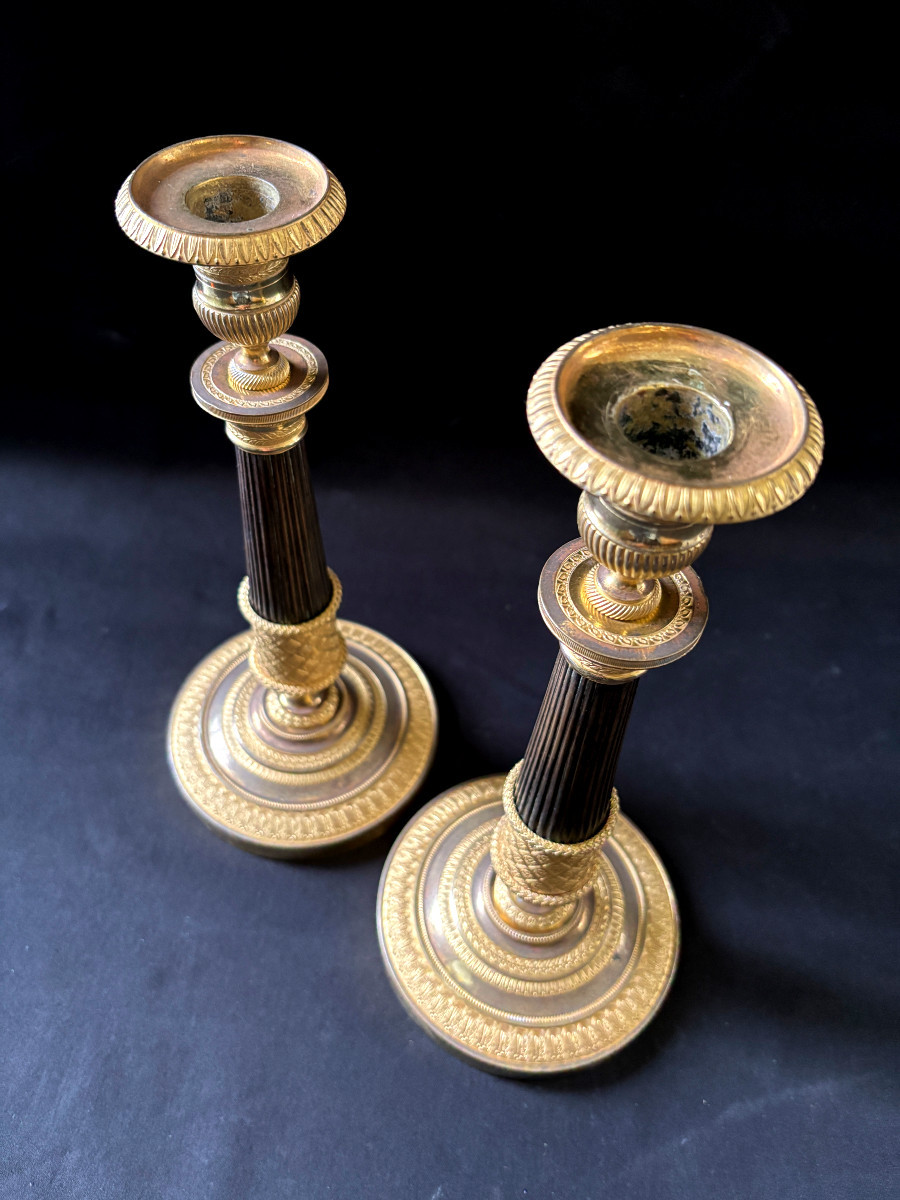Pair Of Empire-style Candlesticks Signed Mene In Gilt Bronze-photo-2