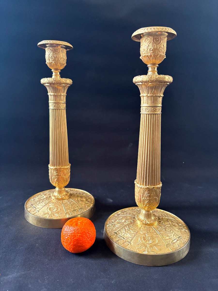 Paire de Grand Flambeaux Empire en Bronze Doré-photo-2