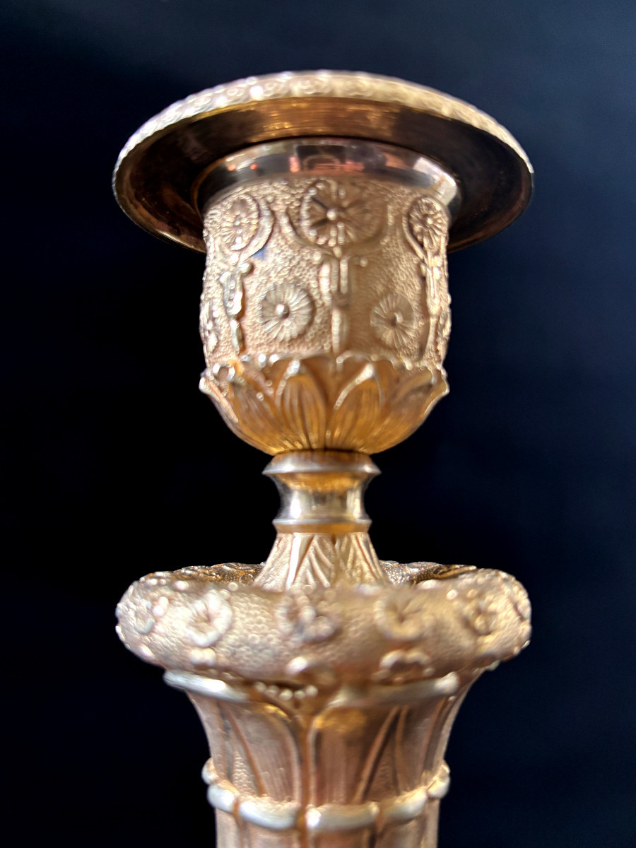 Paire de Grand Flambeaux Empire en Bronze Doré-photo-3