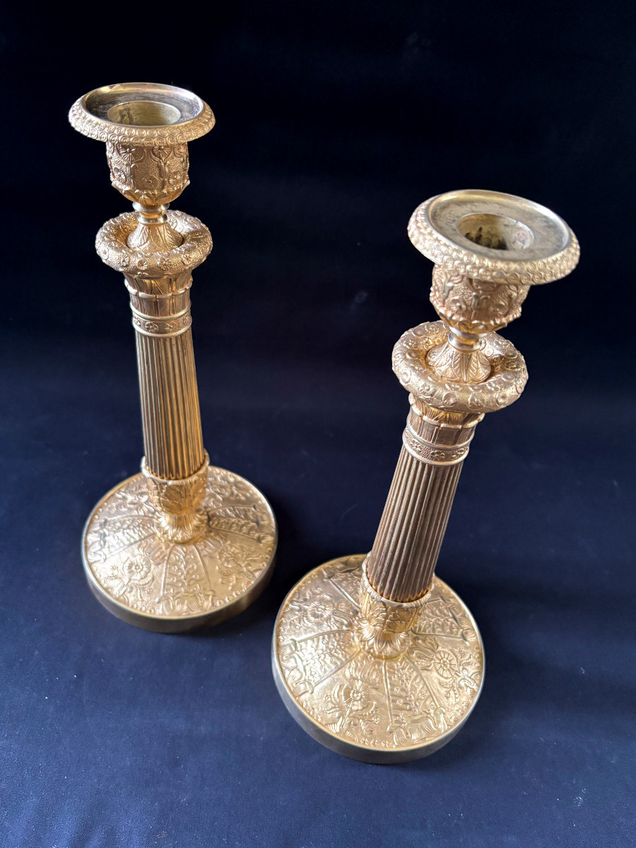 Paire de Grand Flambeaux Empire en Bronze Doré-photo-4