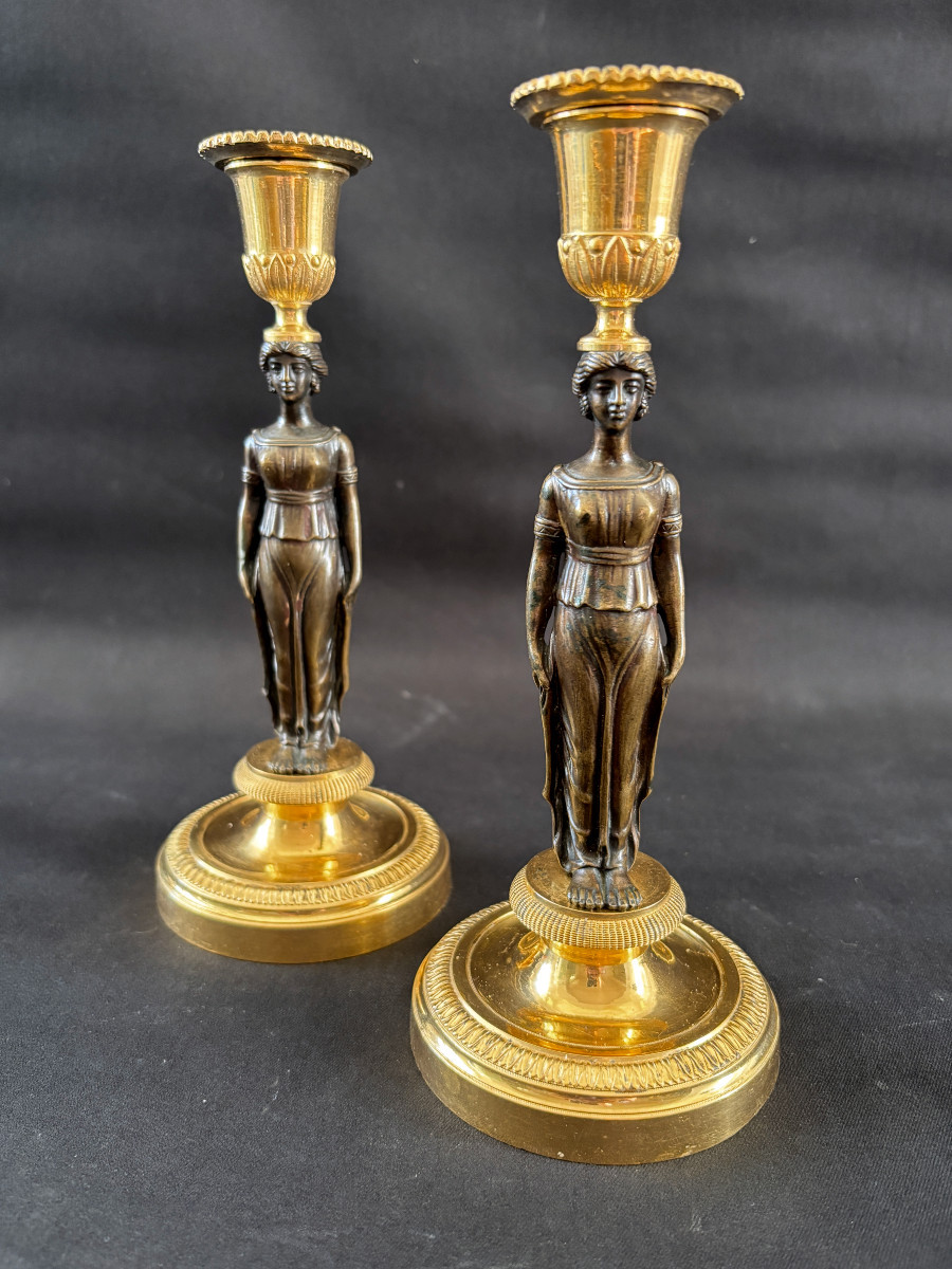 Pair Of Empire-style Caryatid Candlesticks In Gilt And Patinated Bronze-photo-2