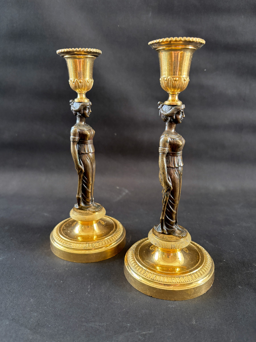 Pair Of Empire-style Caryatid Candlesticks In Gilt And Patinated Bronze-photo-3