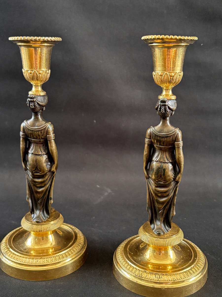 Pair Of Empire-style Caryatid Candlesticks In Gilt And Patinated Bronze-photo-4