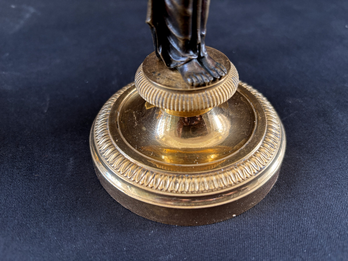 Pair Of Empire-style Caryatid Candlesticks In Gilt And Patinated Bronze-photo-1