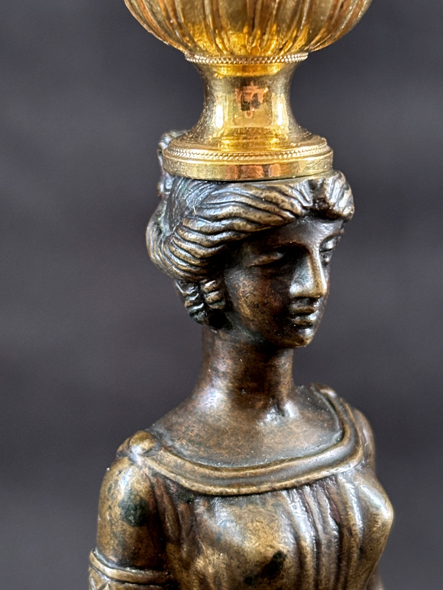 Pair Of Empire-style Caryatid Candlesticks In Gilt And Patinated Bronze-photo-4