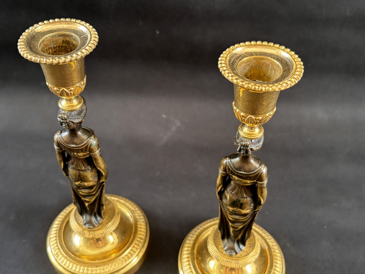 Pair Of Empire-style Caryatid Candlesticks In Gilt And Patinated Bronze-photo-6