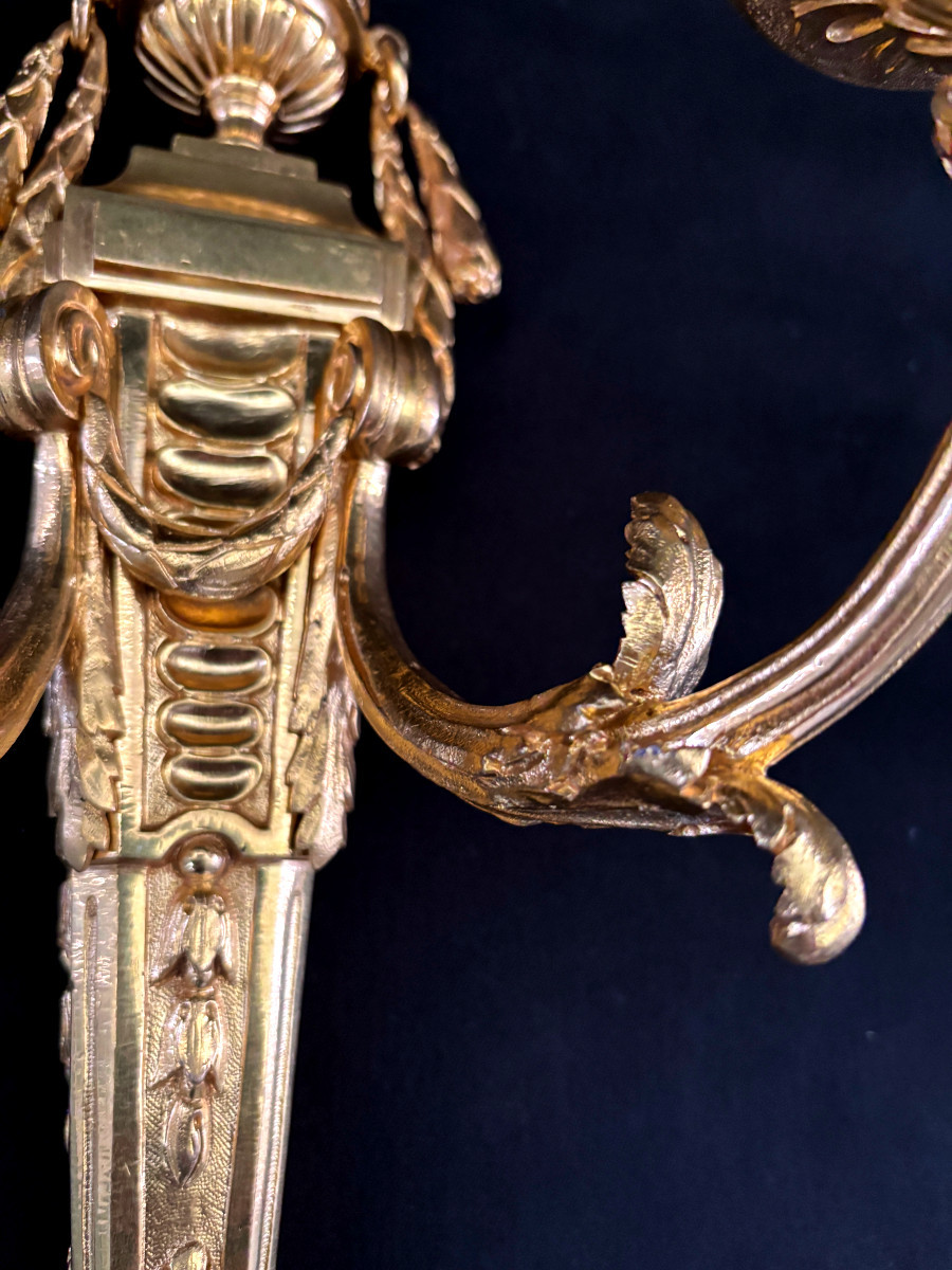 Pair Of Louis XVI Style Gilt Bronze Wall Sconces-photo-4