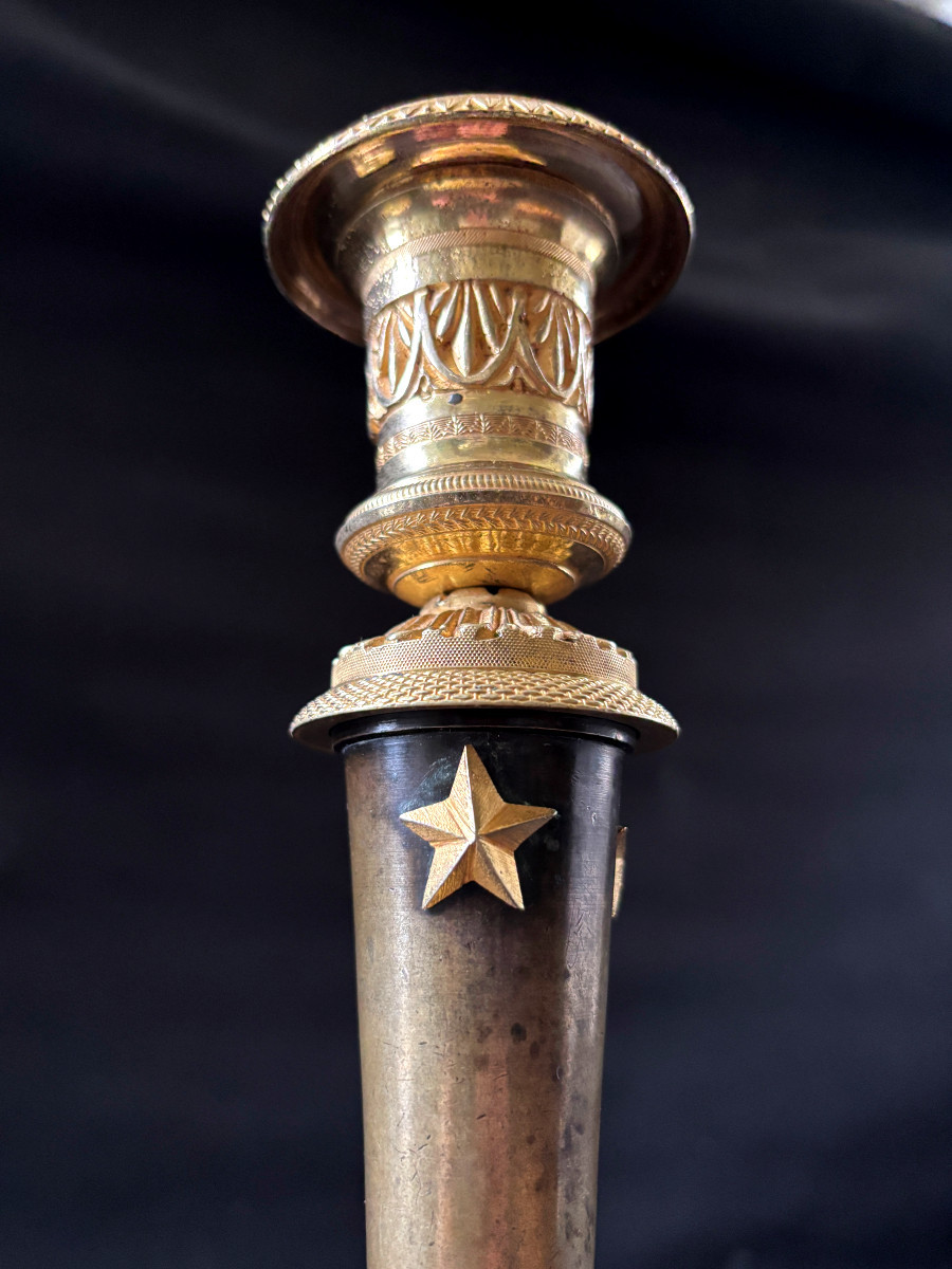 Claude Galle Pair Of Large Torches In Gilt And Patinated Bronze-photo-3