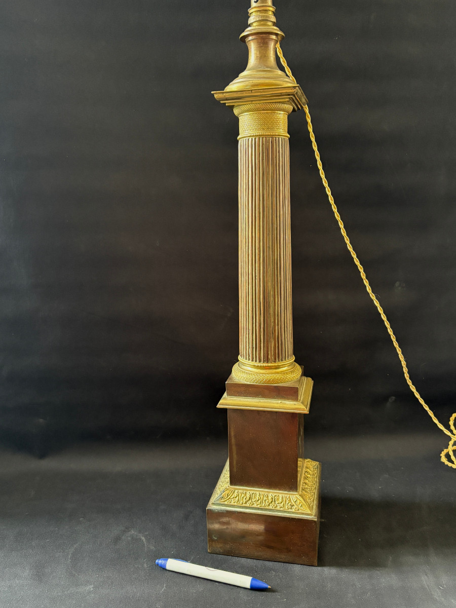 Large Empire Column Lamp In Gilded And Antique Bronze-photo-3