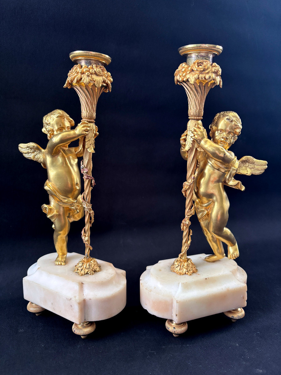 Pair Of Gilded Bronze Angelot Candlesticks-photo-2