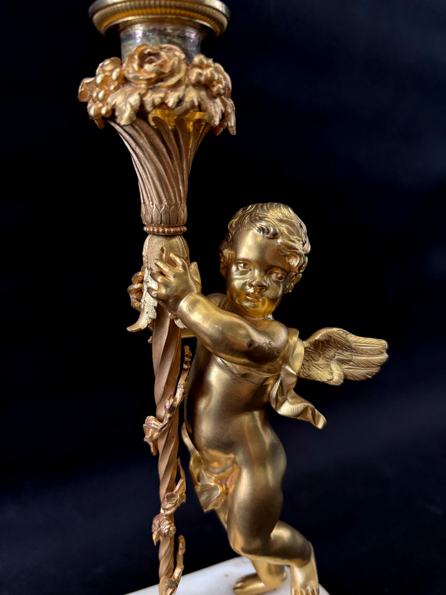 Pair Of Gilded Bronze Angelot Candlesticks-photo-3